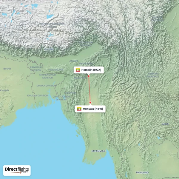 Homalin - Monywa direct flight map