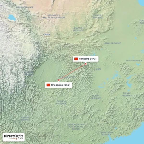 Hongping - Chongqing direct flight map