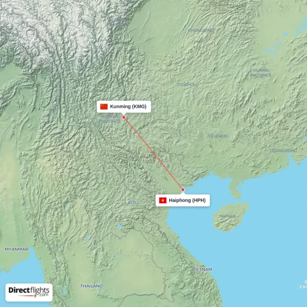 Haiphong - Kunming direct flight map