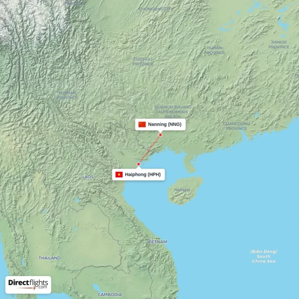 Haiphong - Nanning direct flight map