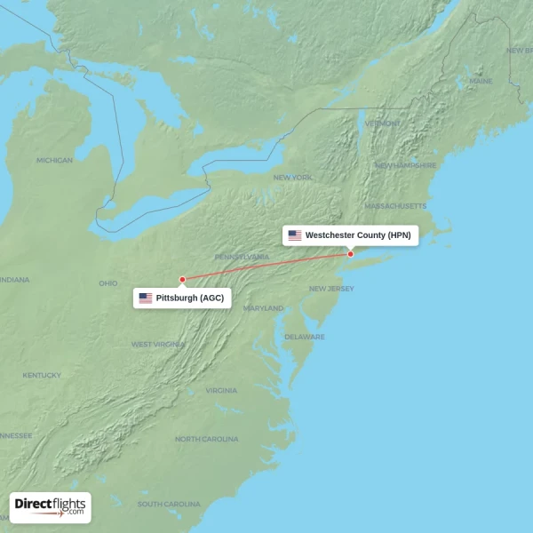 Westchester County - Pittsburgh direct flight map