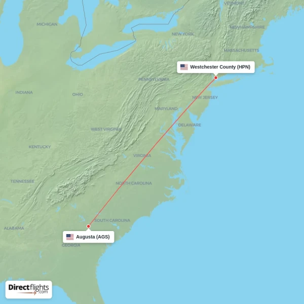 Westchester County - Augusta direct flight map