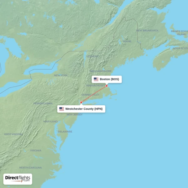 Westchester County - Boston direct flight map