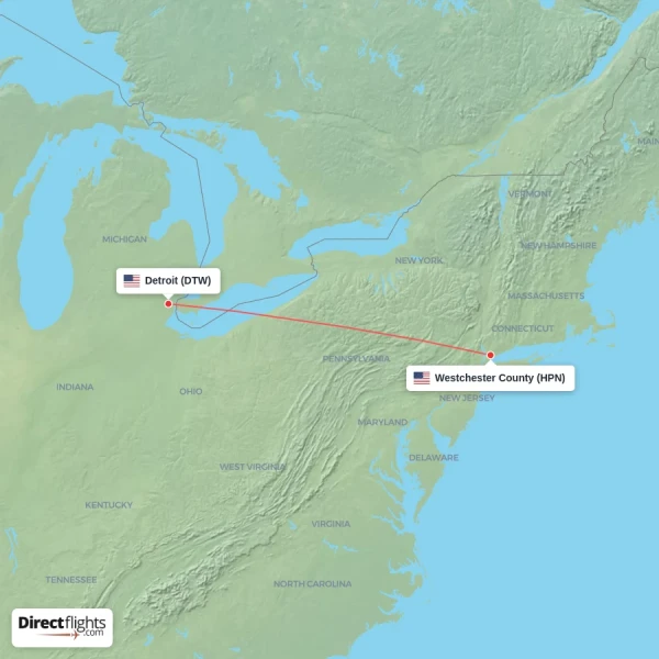 Westchester County - Detroit direct flight map