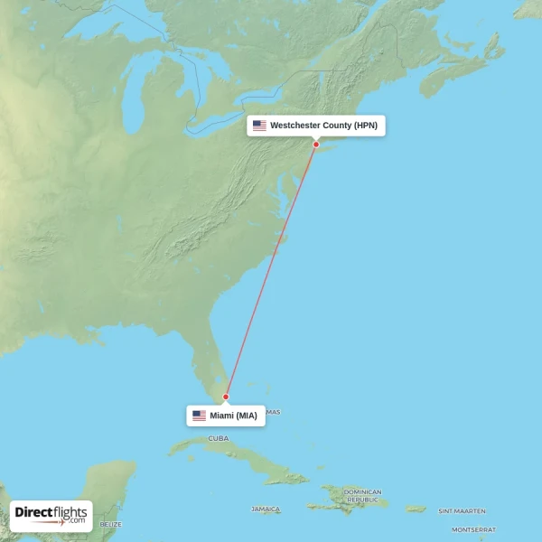Westchester County - Miami direct flight map