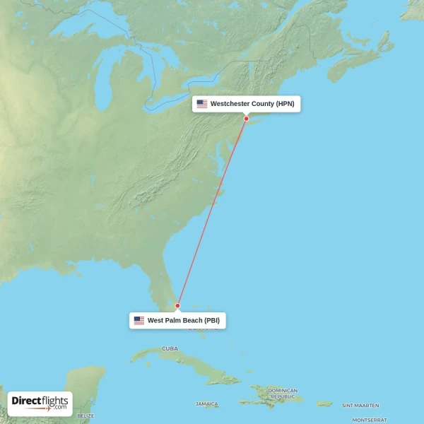Westchester County - West Palm Beach direct flight map