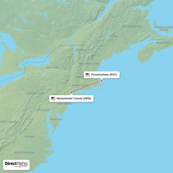 Westchester County - Provincetown direct flight map