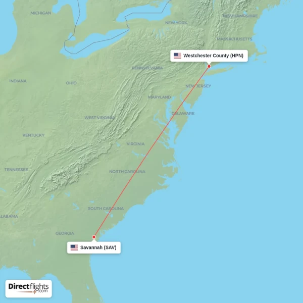 Westchester County - Savannah direct flight map