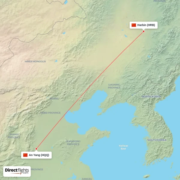 An Yang - Harbin direct flight map