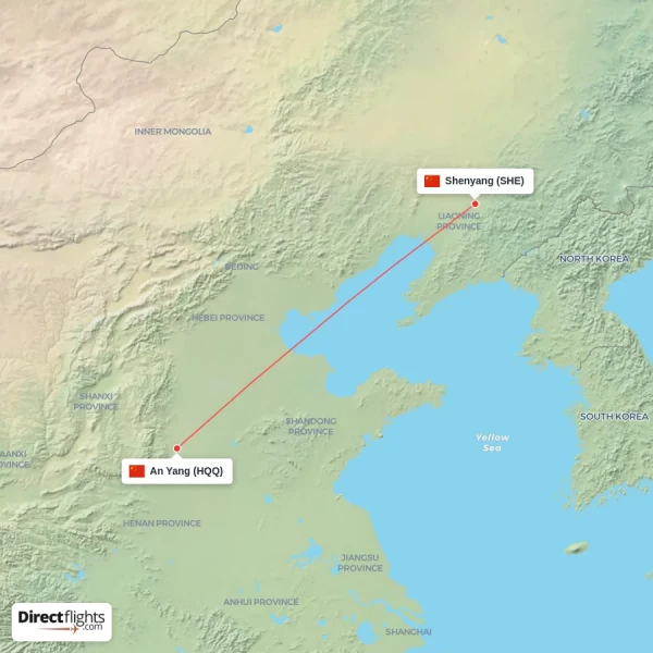 An Yang - Shenyang direct flight map