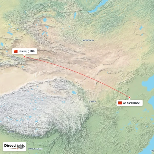 An Yang - Urumqi direct flight map