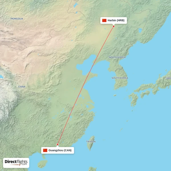 Harbin - Guangzhou direct flight map