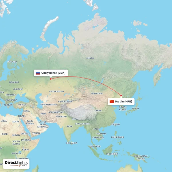 Harbin - Chelyabinsk direct flight map