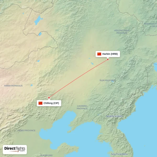 Harbin - Chifeng direct flight map