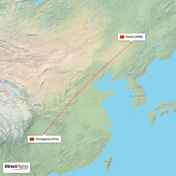 Harbin - Chongqing direct flight map