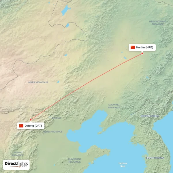Harbin - Datong direct flight map