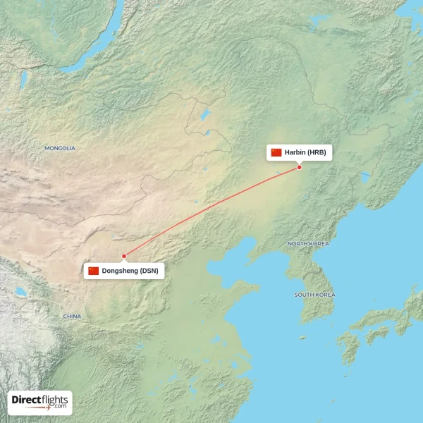 Harbin - Dongsheng direct flight map