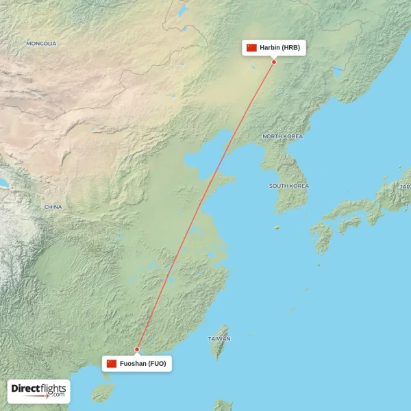 Harbin - Fuoshan direct flight map