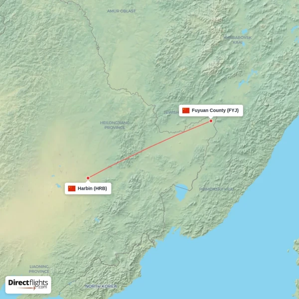 Harbin - Fuyuan County direct flight map