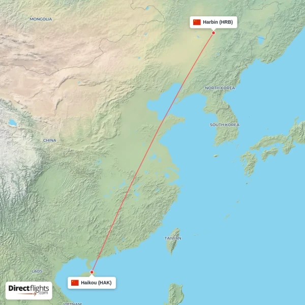 Harbin - Haikou direct flight map