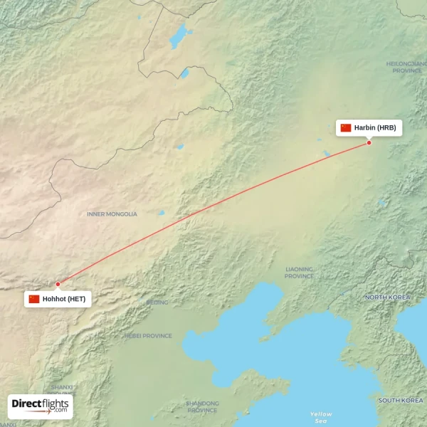 Harbin - Hohhot direct flight map