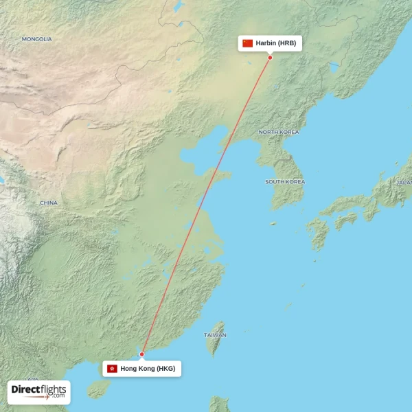 Harbin - Hong Kong direct flight map