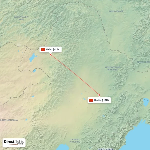 Harbin - Hailar direct flight map