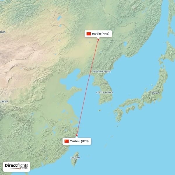 Harbin - Taizhou direct flight map