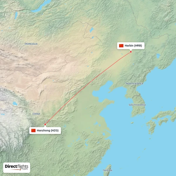 Harbin - Hanzhong direct flight map
