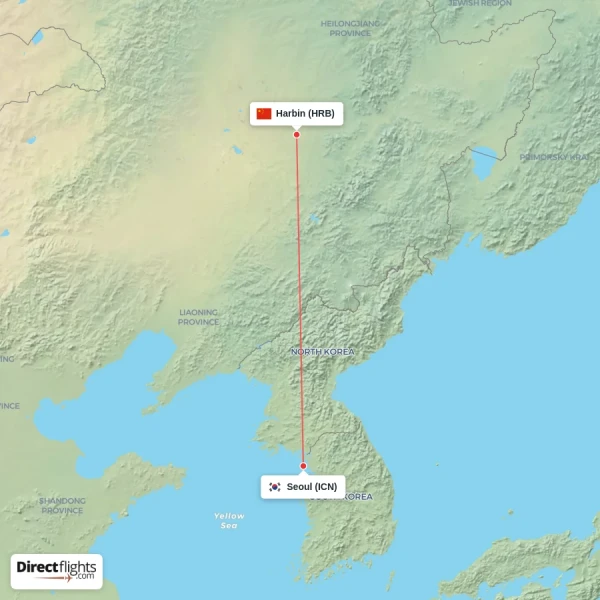 Harbin - Seoul direct flight map