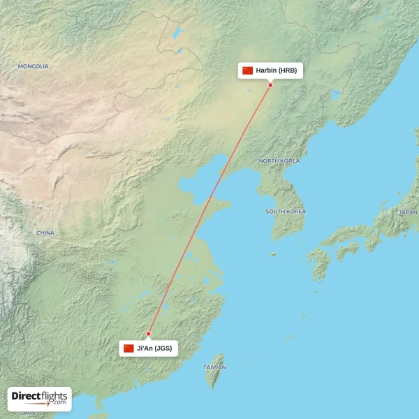 Harbin - Ji'An direct flight map