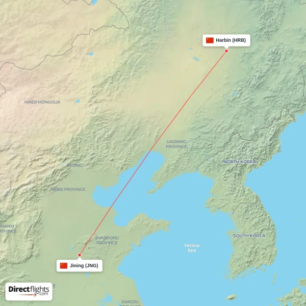 Harbin - Jining direct flight map