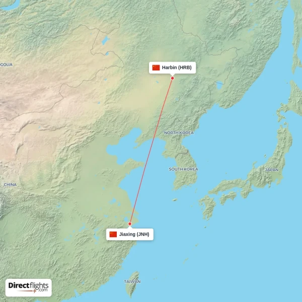 Harbin - Jiaxing direct flight map