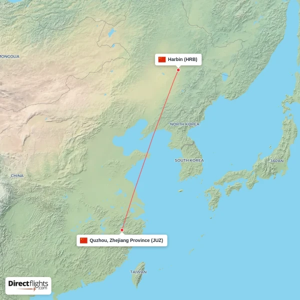 Harbin - Quzhou, Zhejiang Province direct flight map