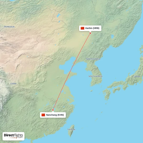 Harbin - Nanchang direct flight map