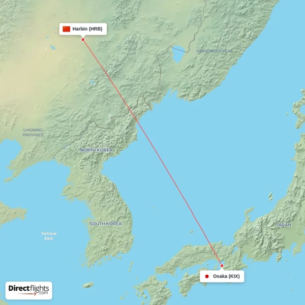 Harbin - Osaka direct flight map