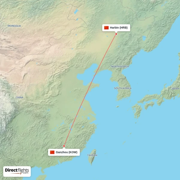 Harbin - Ganzhou direct flight map