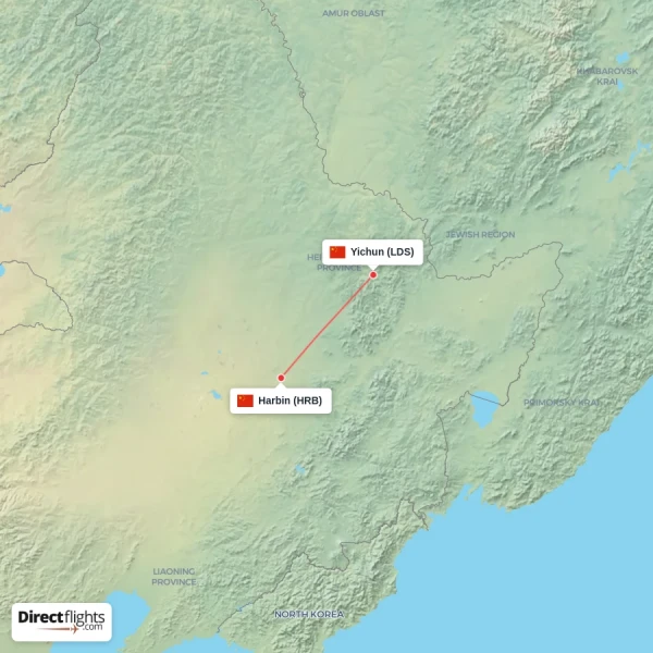 Harbin - Yichun direct flight map