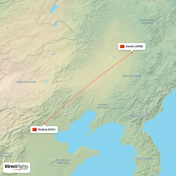 Harbin - Beijing direct flight map