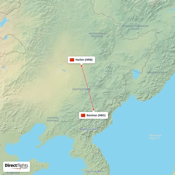 Harbin - Baishan direct flight map