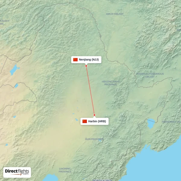 Harbin - Nenjiang direct flight map