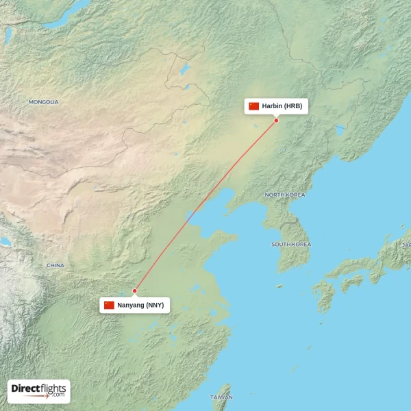 Harbin - Nanyang direct flight map