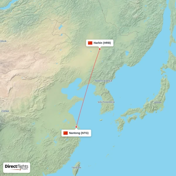Harbin - Nantong direct flight map