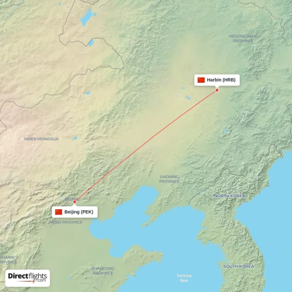 Harbin - Beijing direct flight map
