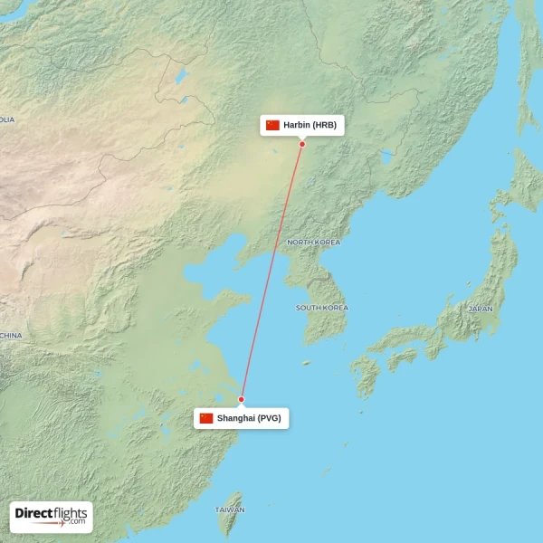 Harbin - Shanghai direct flight map