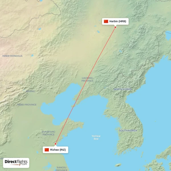 Harbin - Rizhao direct flight map