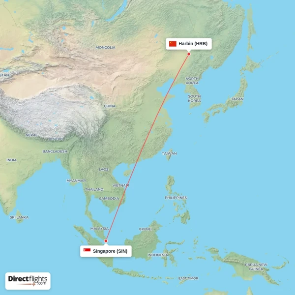 Harbin - Singapore direct flight map