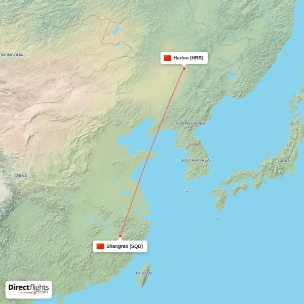 Harbin - Shangrao direct flight map