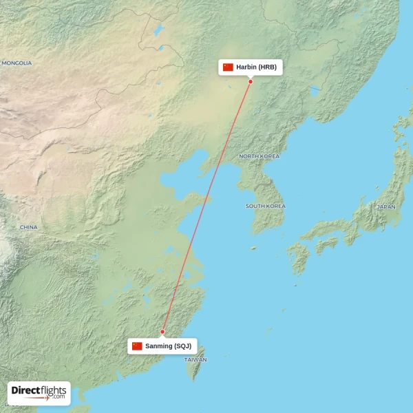 Harbin - Sanming direct flight map