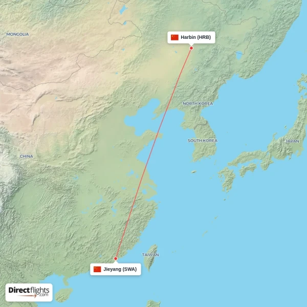 Harbin - Jieyang direct flight map